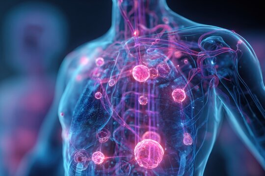 Vibrant Digital Anatomy Visualization Of The Human Body Highlighting Cells, Neurons, And Neural Networks In Neon Blue And Pink For Medical Education, Research, And Healthcare Content