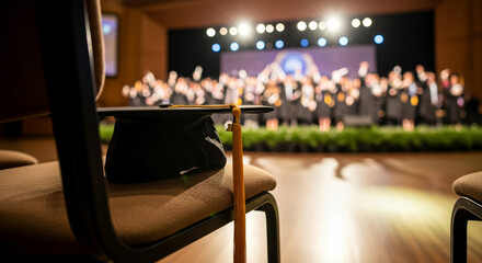 Graduation ceremony with students celebrating on stage and cap on chair  
