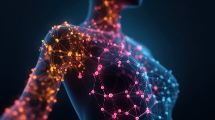 Neon Neural Network Connections On The Human Torso: Abstract Digital Grid Of Nodes And Lines Symbolizing Connectivity, Technology, And Bioinformatics