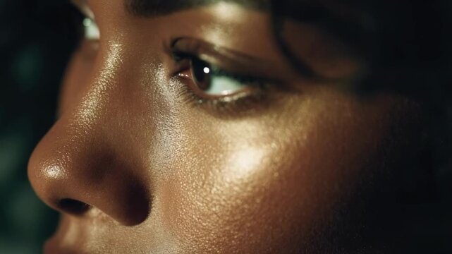 Close-up of a bronzed, dewy face with a luminous cheekbone and partial eye.