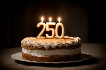 Beautiful celebratory cake with golden candle number 250