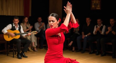Passionate flamenco dancer in red dress clapping hands on stage with guitarist and live audience