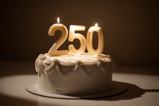 Elegant white cake with candles celebrating milestone number 250