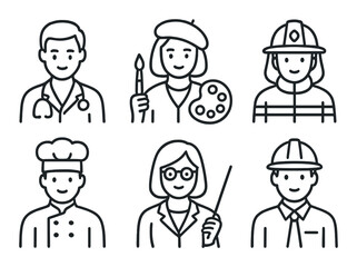 Illustrated diverse occupations: doctor, artist, firefighter, chef, teacher, engineer