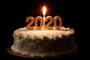 Elegant Birthday Cake with Sparkling 2020 Candle Against Dark Background