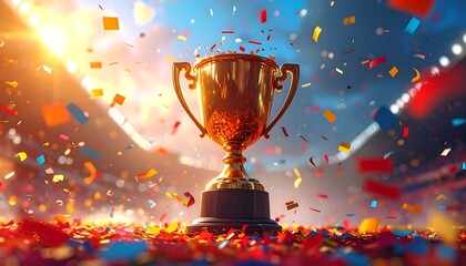 A golden trophy sits amidst a flurry of celebratory confetti in a packed stadium, backlit by a radiant sun