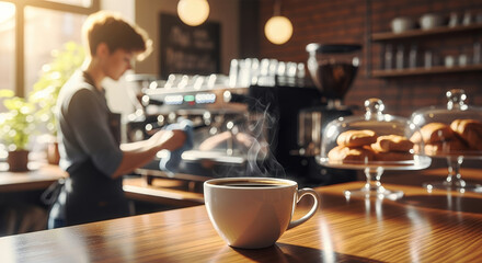 Barista preparing coffee at counter in cozy coffee shop  
