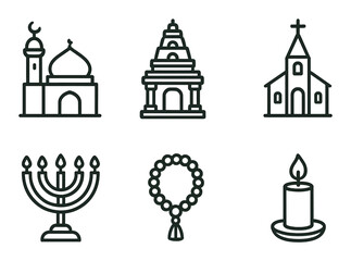 Obraz premium Symbols of major world religions: mosque, temple, church, menorah, prayer beads, candle