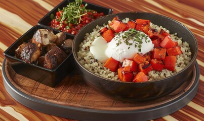 Overhead bowl of healthy food with red pepper cubes and grain
