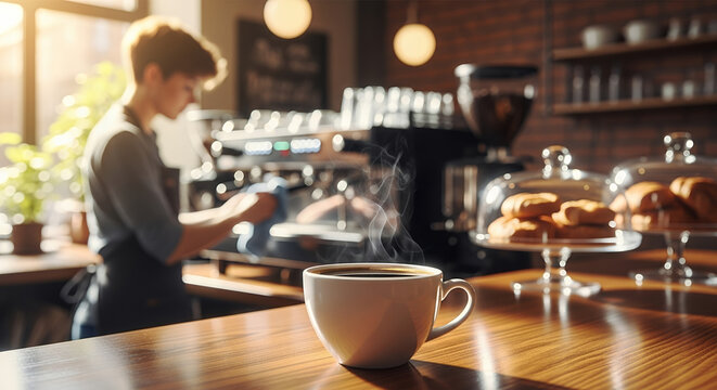 Barista preparing coffee at counter in cozy coffee shop   - Powered by Adobe
