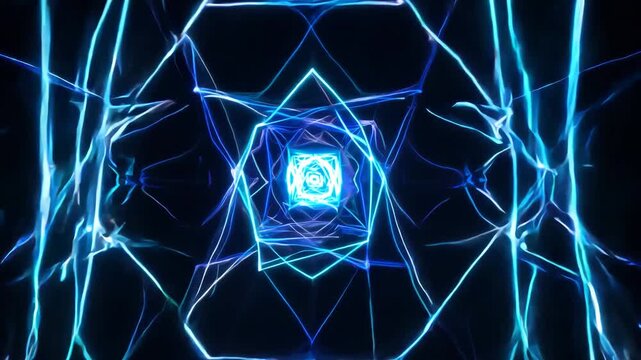 Abstract blue glowing geometric star shape on a black background, digital art