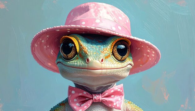 A charming gecko, teal and yellow, sports a pink polka-dot hat and bow tie, with enormous brown eyes, against a soft blue background - Powered by Adobe