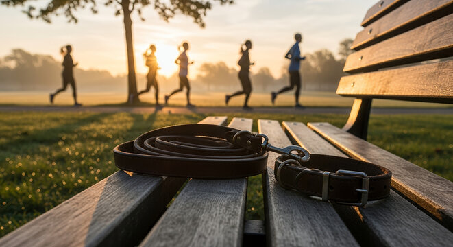 Runners jogging in a park at sunrise with dog leash on bench  