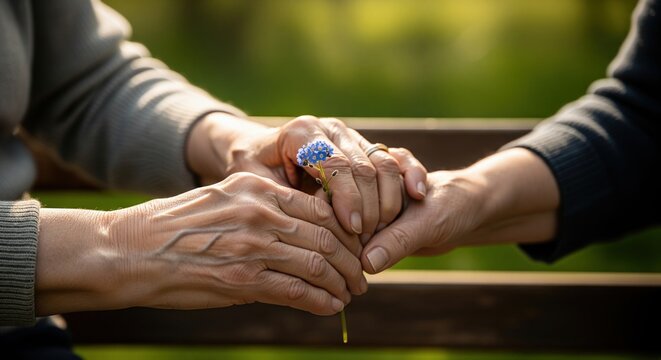 Elderly couple holding hands and a forget me not flower together in a park showing support