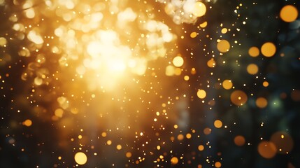 Golden light filters through a dark forest, creating a magical and ethereal atmosphere with bokeh effect