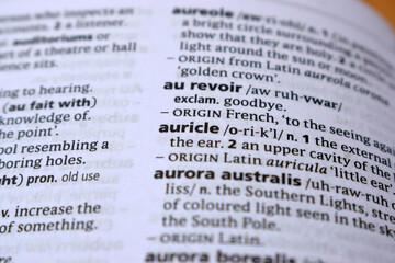 Close Up Of English Dictionary Page With Word - auricle
