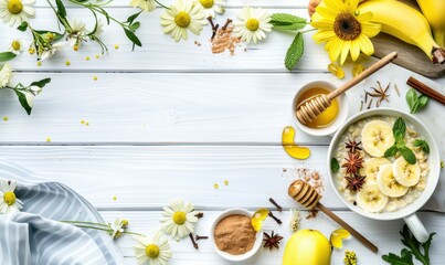 Overhead breakfast still life with oatmeal fruit and flower arrangement