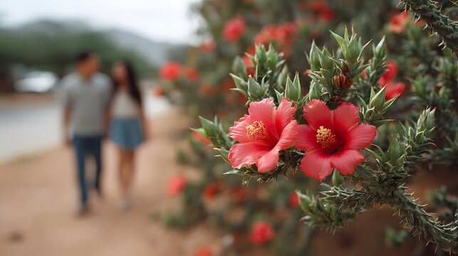 A couple walks hand in hand along a dirt path framed by a thorny bush with vibrant red blossoms