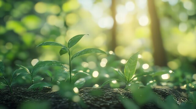 Closeup of vibrant green plants growing in a forest with bokeh effect and sunlight in background - Powered by Adobe