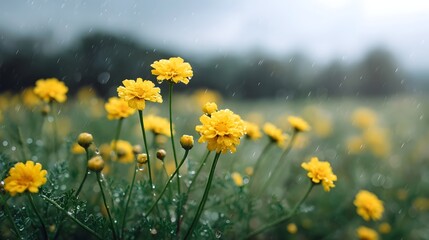 Vibrant yellow wildflowers glisten with raindrops during a gentle rain shower in a lush green field