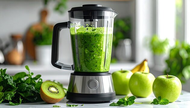 A kitchen blender filled with green smoothie, with kiwi, apples, bananas, and greens on a marble countertop - Powered by Adobe