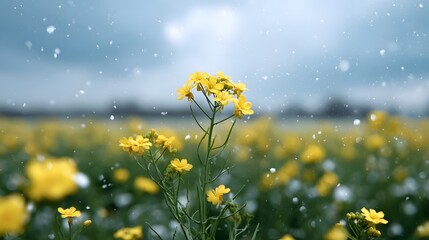 Yellow flowers bloom in a field with snow falling gently against a soft blue sky