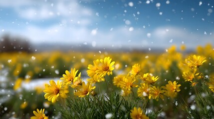 A field of vibrant yellow flowers blooming under a clear blue sky as delicate snowflakes gently fall