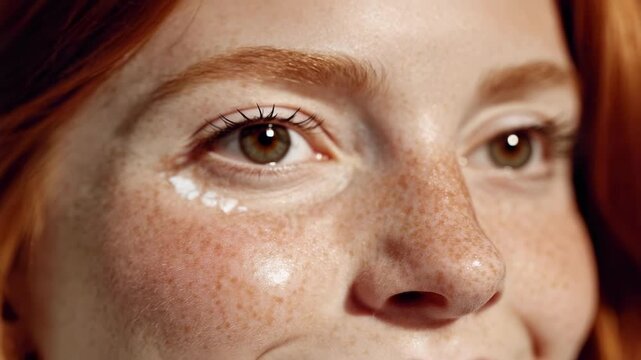 Close-up of a freckled woman's face with white under-eye concealer applied.