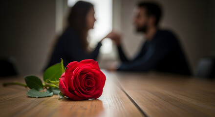 Couple holding hands at table with red rose in foreground