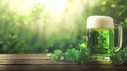 Green beer in a pint glass on wooden table, perfect for St. Patrick's Day celebration, festive atmosphere. St. Patrick's Day banner with copy space. shamrock and clover leaves in the background