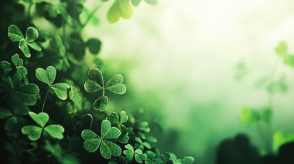 Clover leaves in a lush green meadow background. St. Patrick's Day celebration backdrop, banner, copy space. shamrock and clover leaves on light green background