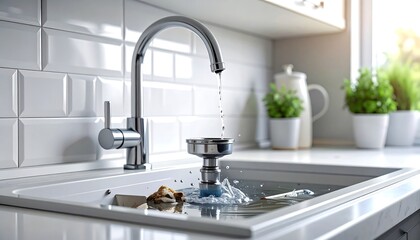 A kitchen sink, with a chrome faucet dripping water. Cleaning supplies and dish remnants float in the sink water