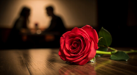Red rose on table with couple in blurred background at dinner