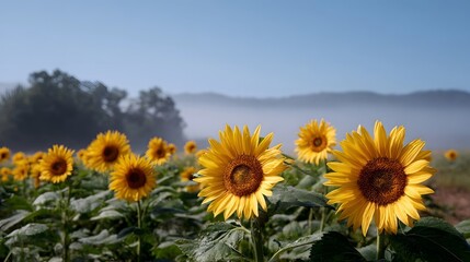 Fototapeta premium A serene field of sunflowers bathed in early morning fog and soft light