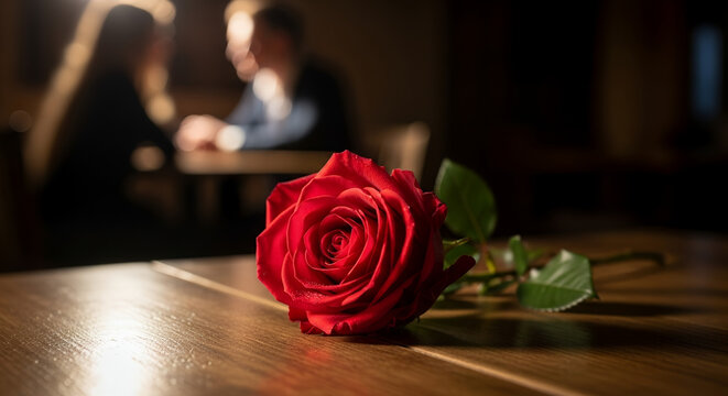Red rose in focus with couple talking in blurred background  