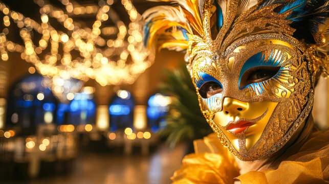 Man wearing Venetian mask at famous masquerade with festive golden details and luxurious ambiance, party invitation, showcasing vibrant nightlife and luxury fashion. Venetian Carnival banner, poster
