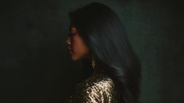 A woman with long dark hair wearing a gold sequin dress and large dangling earrings, posed against a dark backdrop.
