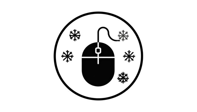 A black computer mouse inside a circle with snowflakes around it, isolated on a white background in a vector style