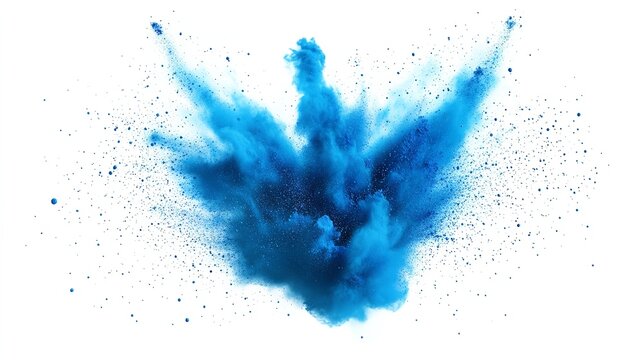 Dramatic blue powder explosion against a stark white background, creating a visually striking composition