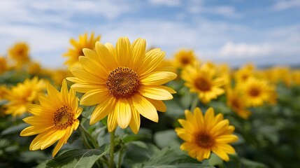 Obraz premium Vibrant yellow sunflowers bloom in a sunny field under a blue sky