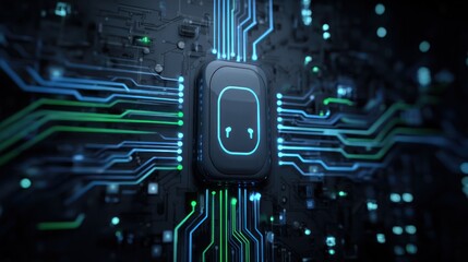 Futuristic Circuit Board With Glowing AI Face Motif On Central Chip, Neon Blue And Green Traces, High-Tech Electronics For Modern Digital Innovation And Automation Concept