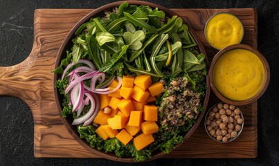 Overhead shot of colorful vegan salad with butternut squash and greens