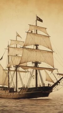Vertical video: Gliding under light breeze, three-masted ship cutting through sea, billowing sails