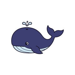 Cute Cartoon Blue Whale Spouting Water Isolated on White Background.