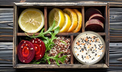 Overhead food arrangement with lemon beet salad and sauce in box