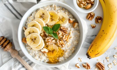 Overhead shot of creamy oatmeal breakfast bowl with banana and walnuts