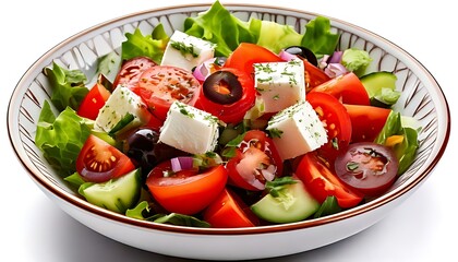 Greek salad with cucumber, tomato, feta cheese, and olive oil that is colorful, fresh, and delicious