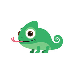 Cute Green Chameleon with Tongue Out Cartoon Illustration.