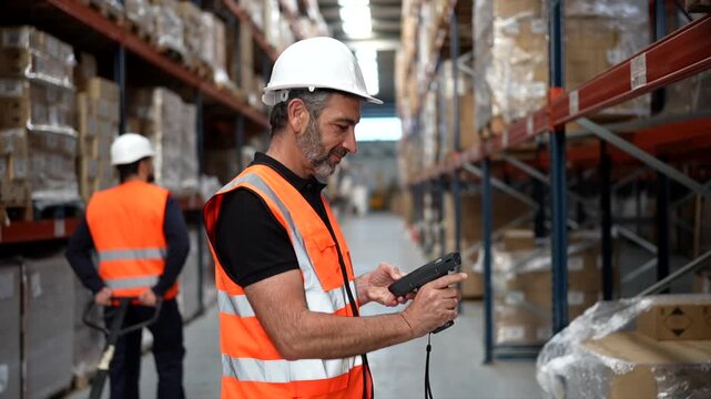 Warehouse supervisor scanning packages with barcode scanner