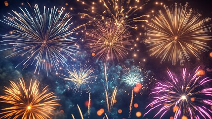 Vibrant fireworks illuminate the night sky with bursts of color and light, creating a festive atmosphere